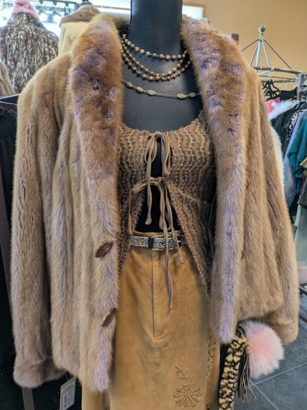 Lavender Purple Dyed Golden Pastel Mink Coat with Tortiseshell Buttons Real Fur